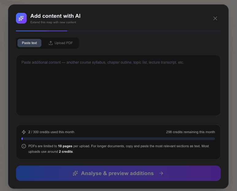The AI import modal with pasted text and a preview of entities and relationships to be added.