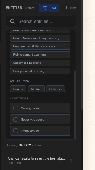 The Entities tab in multi-select mode with several entities checked and the bulk actions menu open.