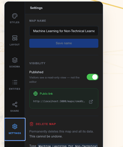 The Settings tab showing a published map with its public link and embed code visible.