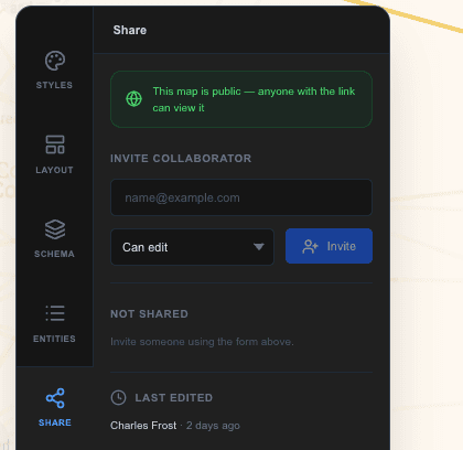 The Share tab with an invite form at the top and a list of collaborators with role dropdowns below.