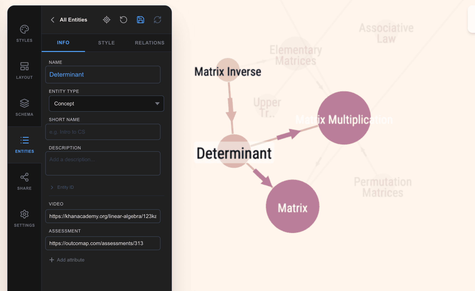 Entity editor panel showing node properties